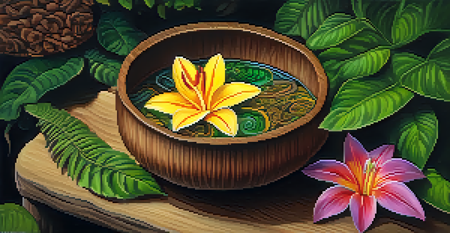 A wooden cup filled with Ayahuasca brew, surrounded by ayahuasca vines and Amazonian flowers, against a blurred rainforest background.