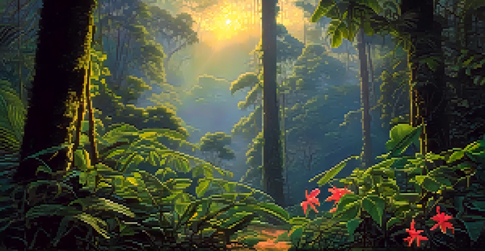A tranquil Amazon rainforest at twilight with a climbing vine and colorful flowers, illuminated by soft golden light.