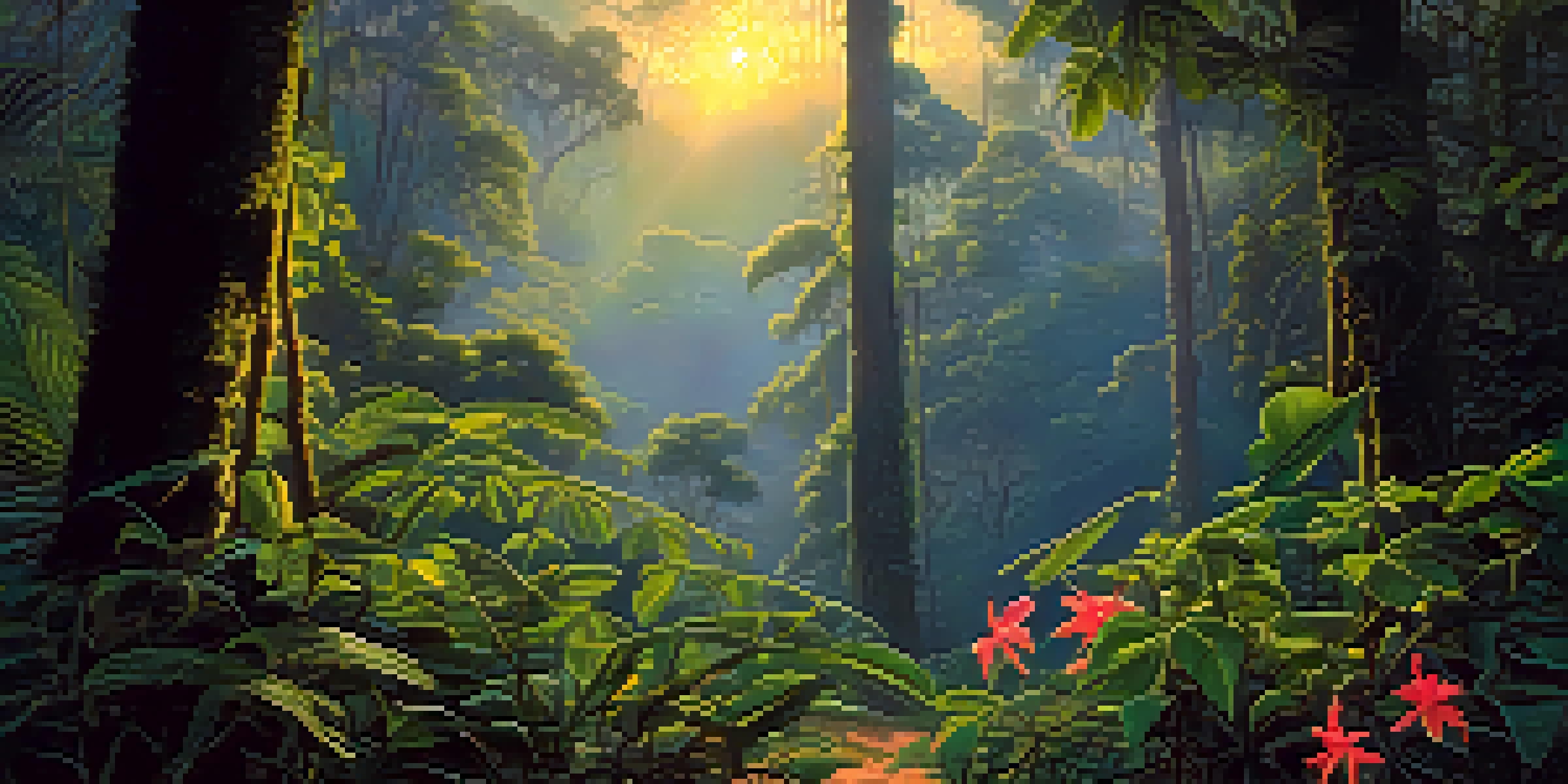 A tranquil Amazon rainforest at twilight with a climbing vine and colorful flowers, illuminated by soft golden light.