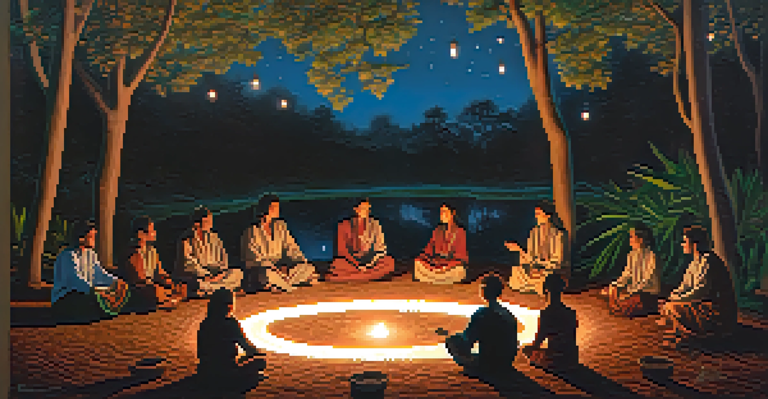 Participants engaged in a tranquil Ayahuasca ceremony at dusk, surrounded by nature and lantern light.