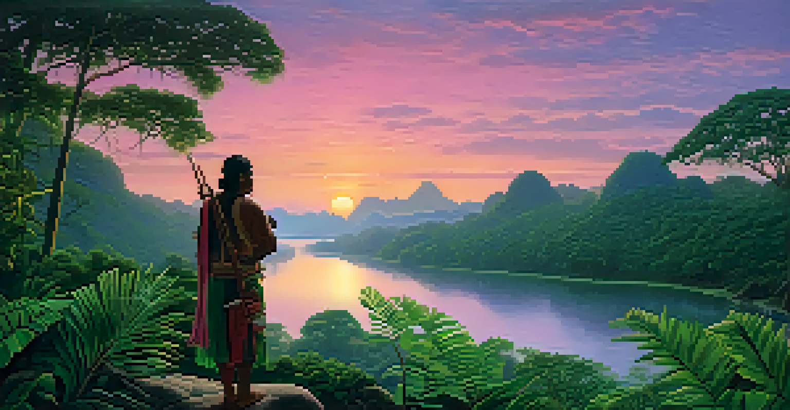 A lush Amazon rainforest at twilight with vibrant greens and a colorful sky, featuring a shaman standing by a winding river holding a ceremonial cup.