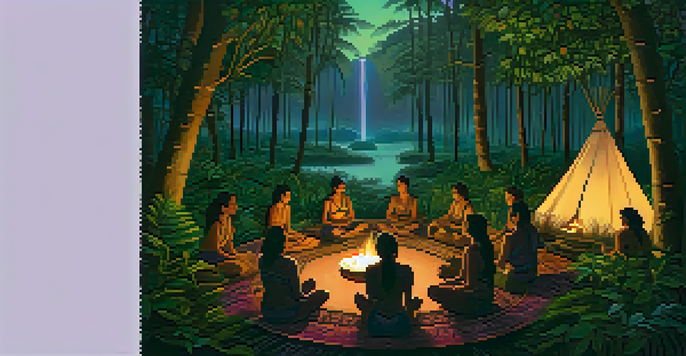 A peaceful Ayahuasca ceremony in the Amazon rainforest, with participants sitting in a circle around a fire, illuminated by its soft glow against a twilight sky.