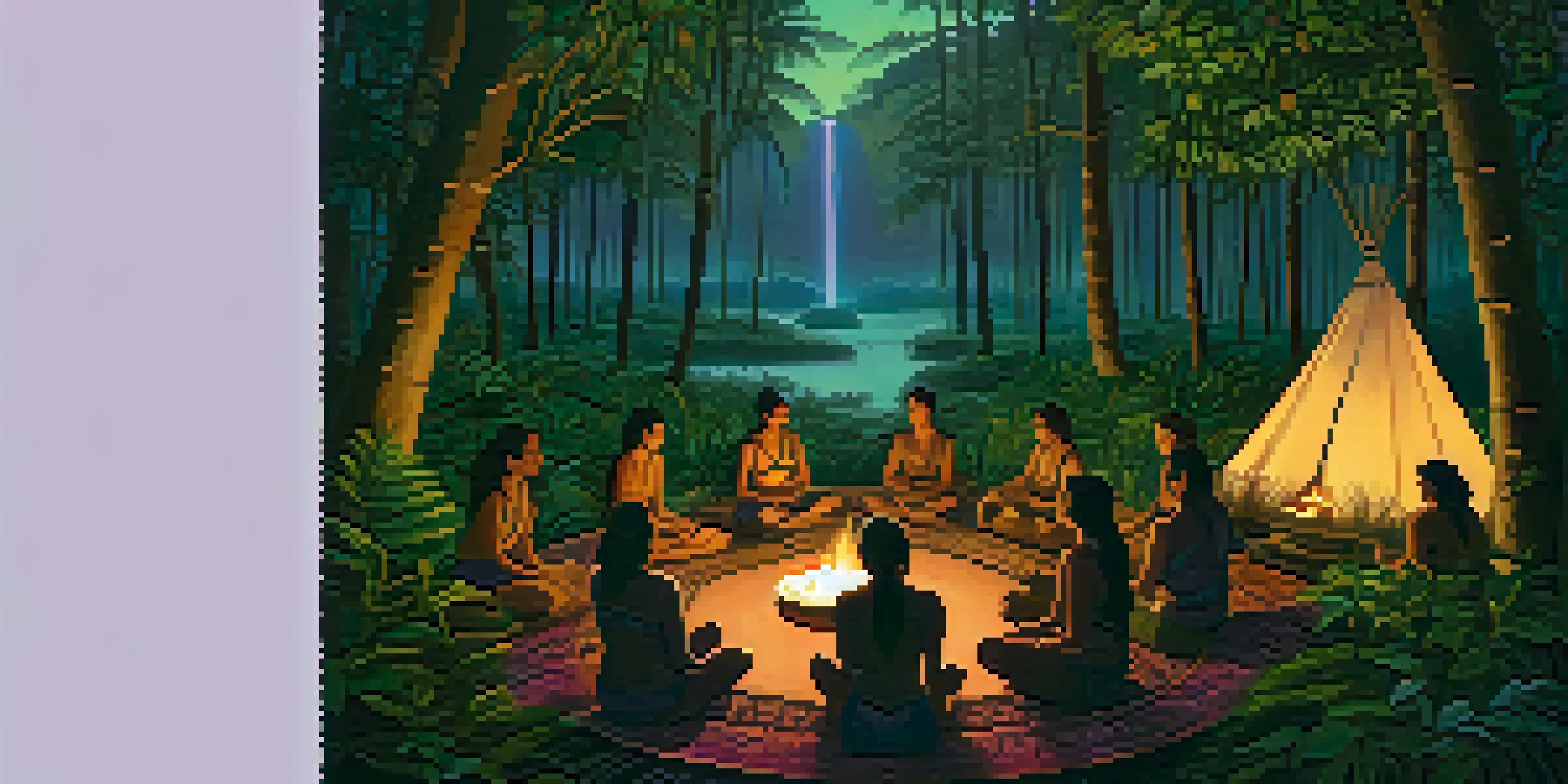 A peaceful Ayahuasca ceremony in the Amazon rainforest, with participants sitting in a circle around a fire, illuminated by its soft glow against a twilight sky.