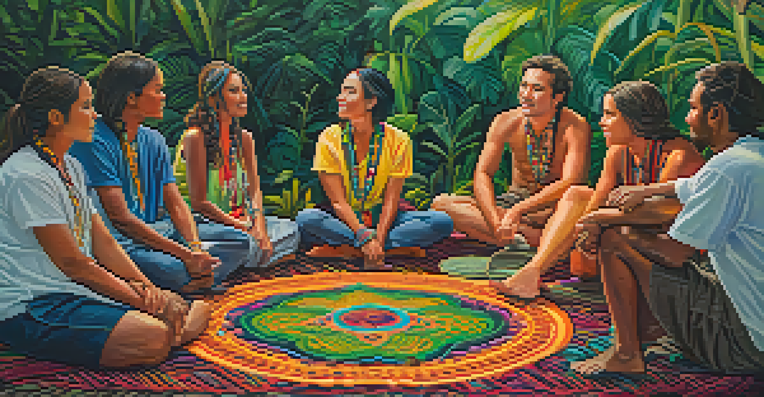 A group of individuals sitting in a circle, sharing experiences after an Ayahuasca ceremony, with expressions of connection and lush greenery in the background.