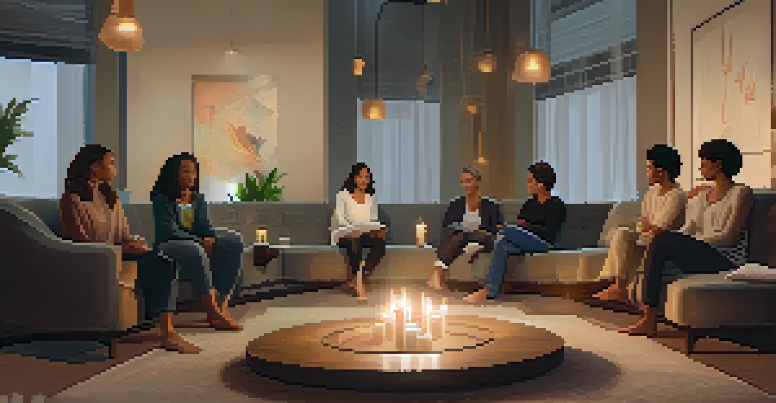 A cozy indoor room with cushions arranged in a circle, candles lit, and people engaged in conversation, showing empathy.