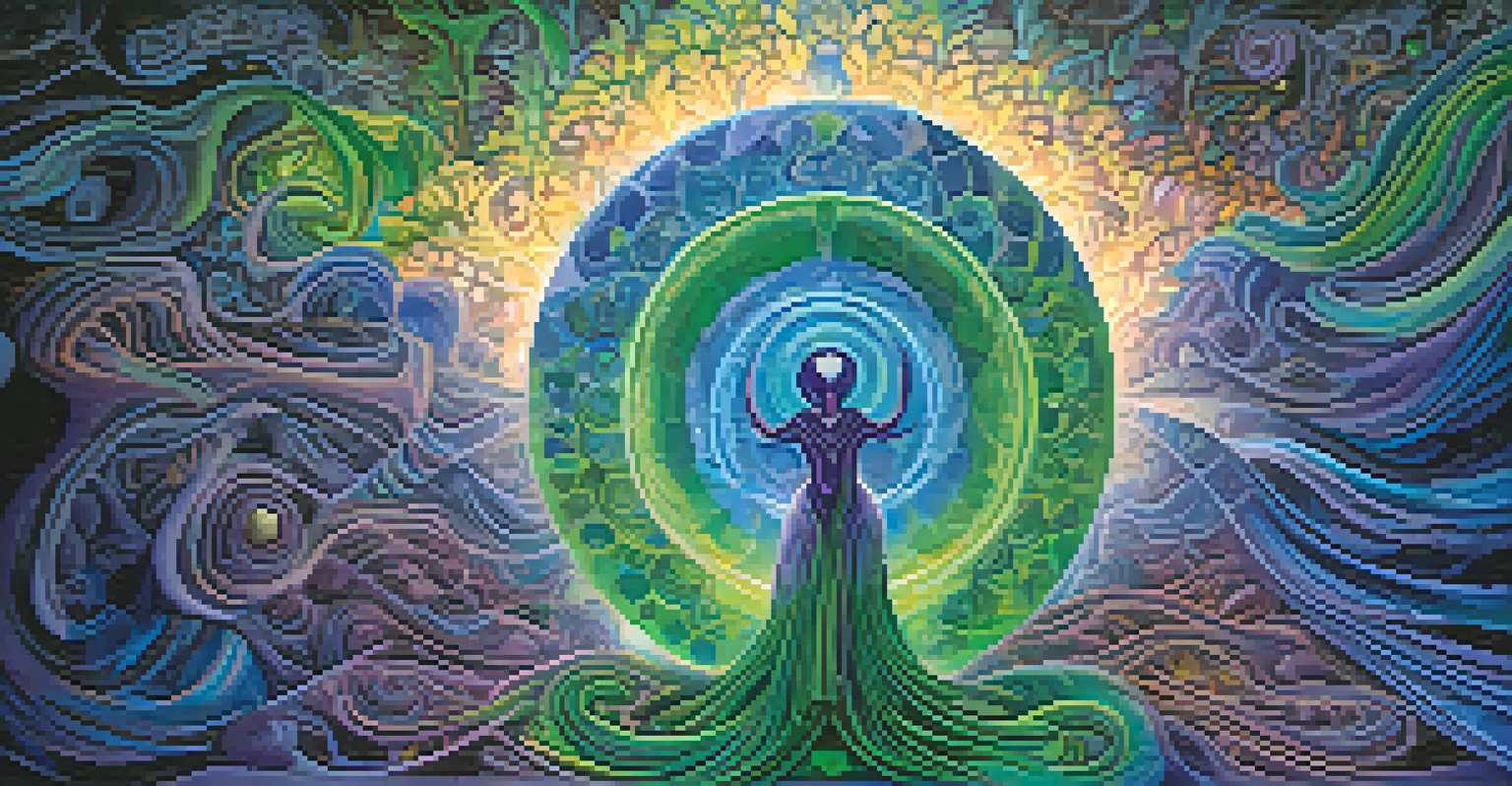 An abstract representation of emotional healing with swirling colors and outlines of human figures breaking free from chains, symbolizing liberation and transformation.