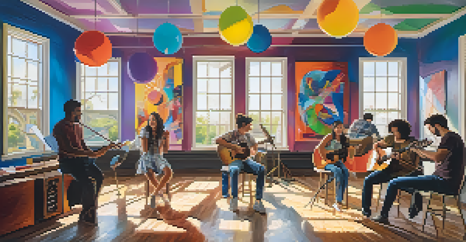 A group of people engaged in creative activities, painting and playing music in a colorful, well-lit room.
