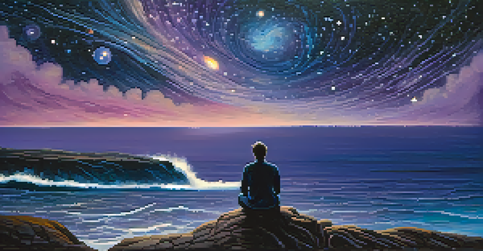 A person sitting on a cliff at night, gazing at a vast ocean and a star-filled sky, representing an existential crisis.