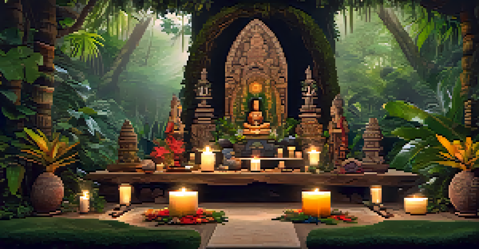 A beautifully arranged altar for an Ayahuasca ceremony, decorated with stones, flowers, and candles, surrounded by lush greenery.