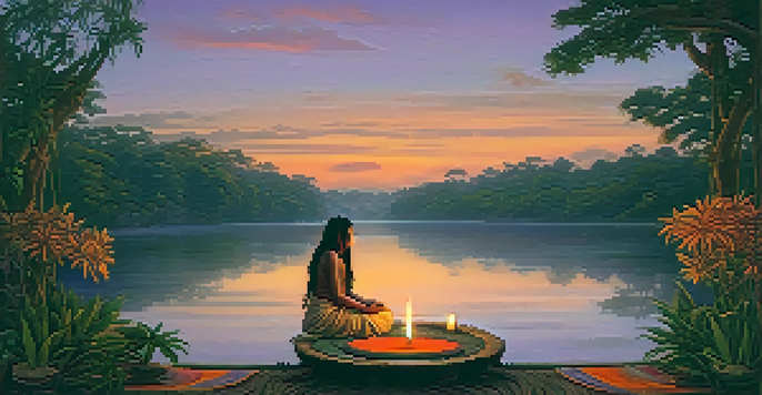 A peaceful Amazonian river landscape at sunset, with a traditional Ayahuasca ceremony setup in the foreground.
