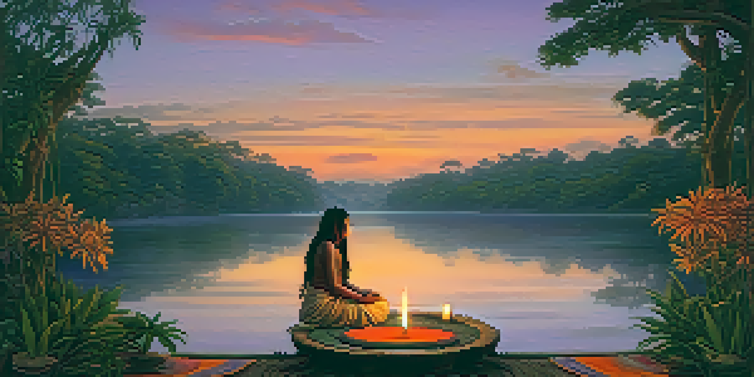 A peaceful Amazonian river landscape at sunset, with a traditional Ayahuasca ceremony setup in the foreground.