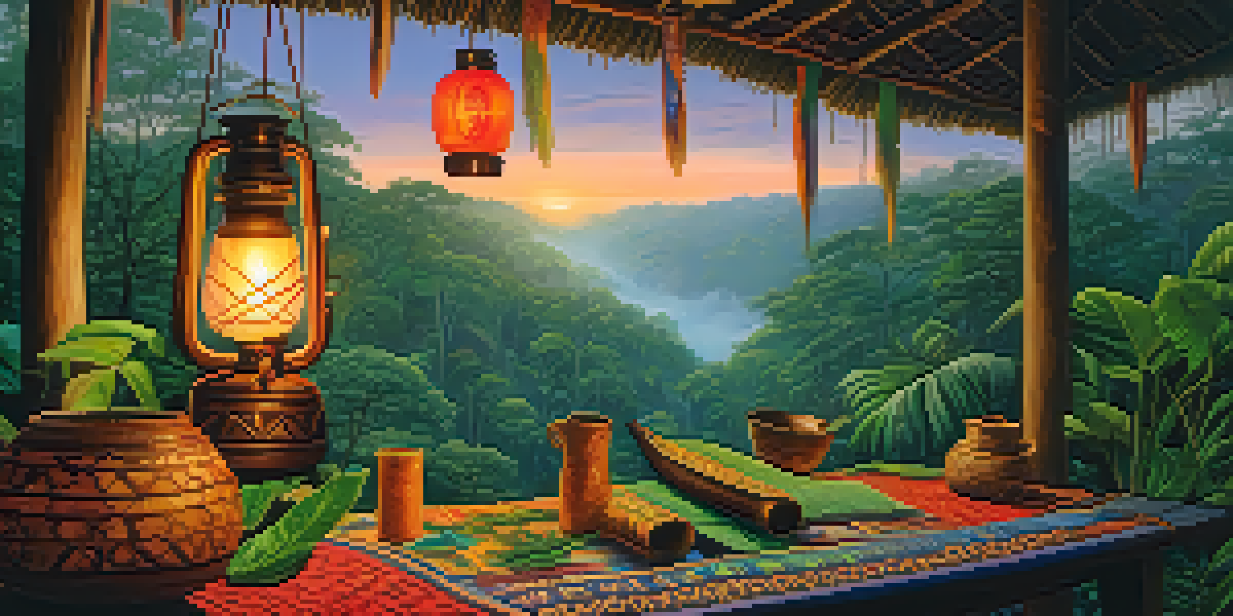 A tranquil Amazon rainforest scene at dusk with an Ayahuasca brew on a wooden table surrounded by greenery and glowing lanterns.