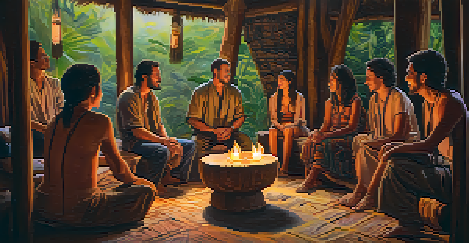 Participants in a cozy room sharing their experiences after an Ayahuasca ceremony, surrounded by warm lighting and comfortable seating.