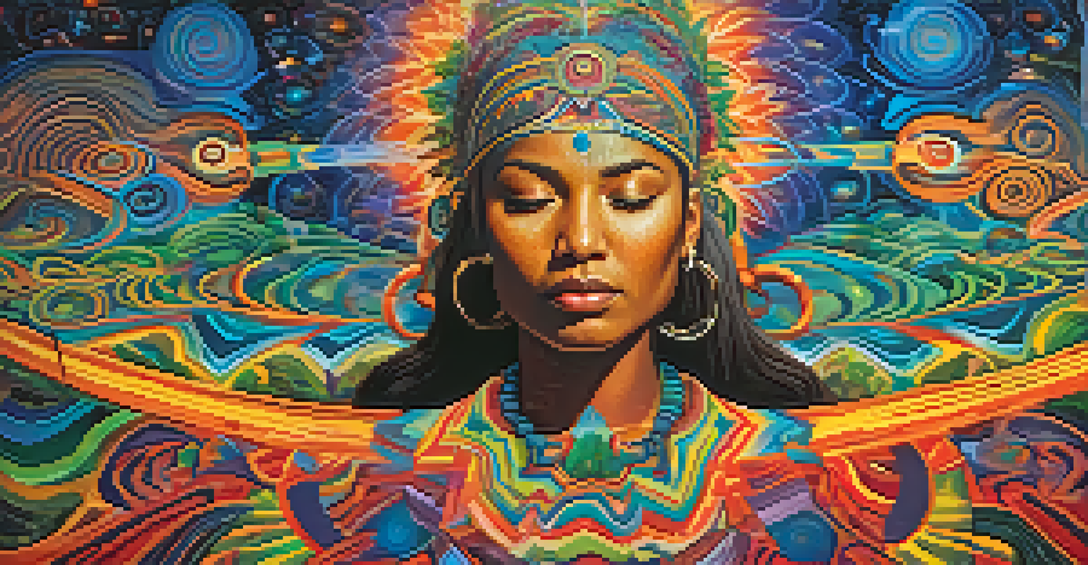 An abstract depiction of a person undergoing a transformative journey during an Ayahuasca ceremony, surrounded by vibrant colors and nature-inspired patterns.