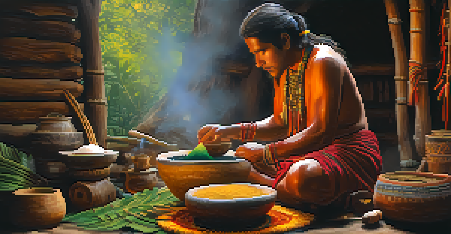 A close-up of Ayahuasca being prepared in a rustic bowl with a shaman in the background performing a ritual.