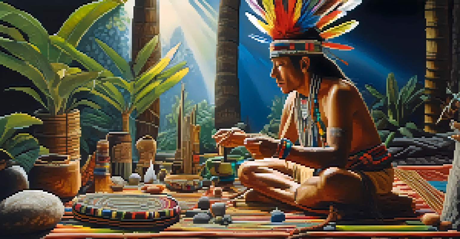 A shaman in a traditional setting preparing for an Ayahuasca ceremony, surrounded by plants and instruments, with a warm, spiritual ambiance.