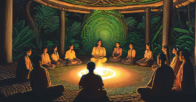 An intimate Ayahuasca ceremony in a dimly lit space with participants gathered in a circle, and a shaman in traditional attire guiding them.