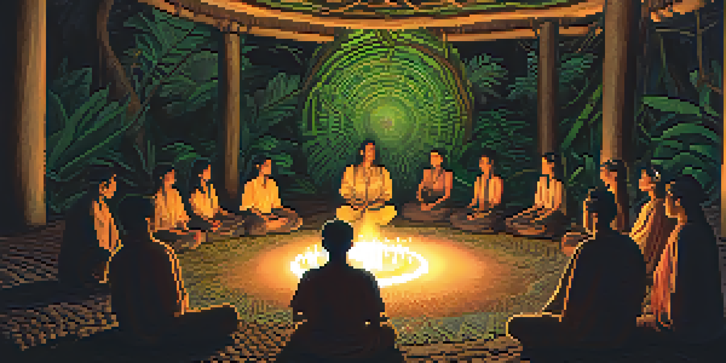 An intimate Ayahuasca ceremony in a dimly lit space with participants gathered in a circle, and a shaman in traditional attire guiding them.