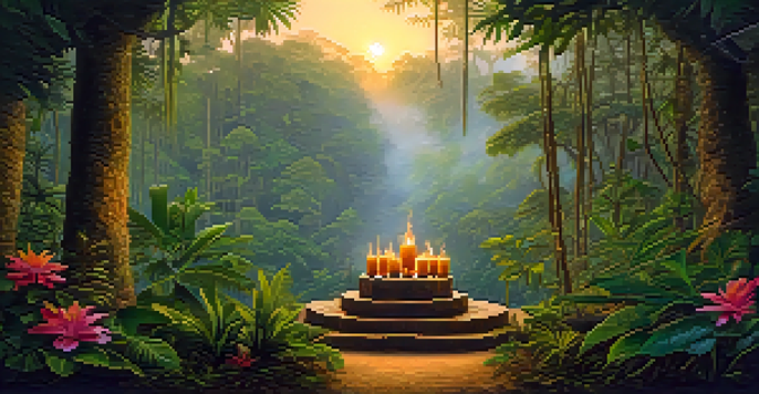 A peaceful Amazon rainforest at dawn with mist, featuring a traditional Ayahuasca ceremonial setting with an altar of flowers and candles.