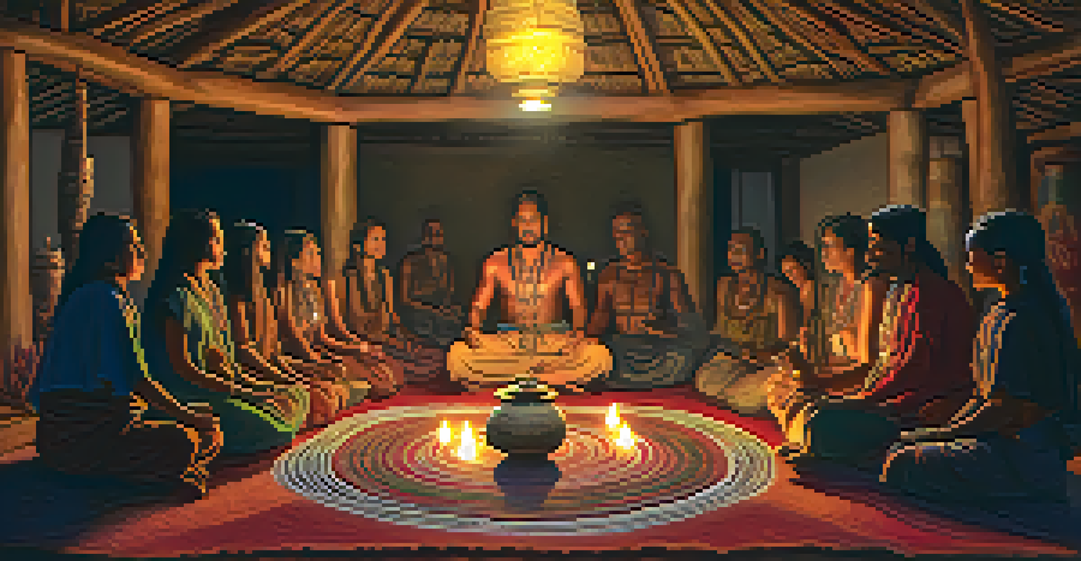 A group of participants in an Ayahuasca ceremony with a shaman in a warmly lit room.