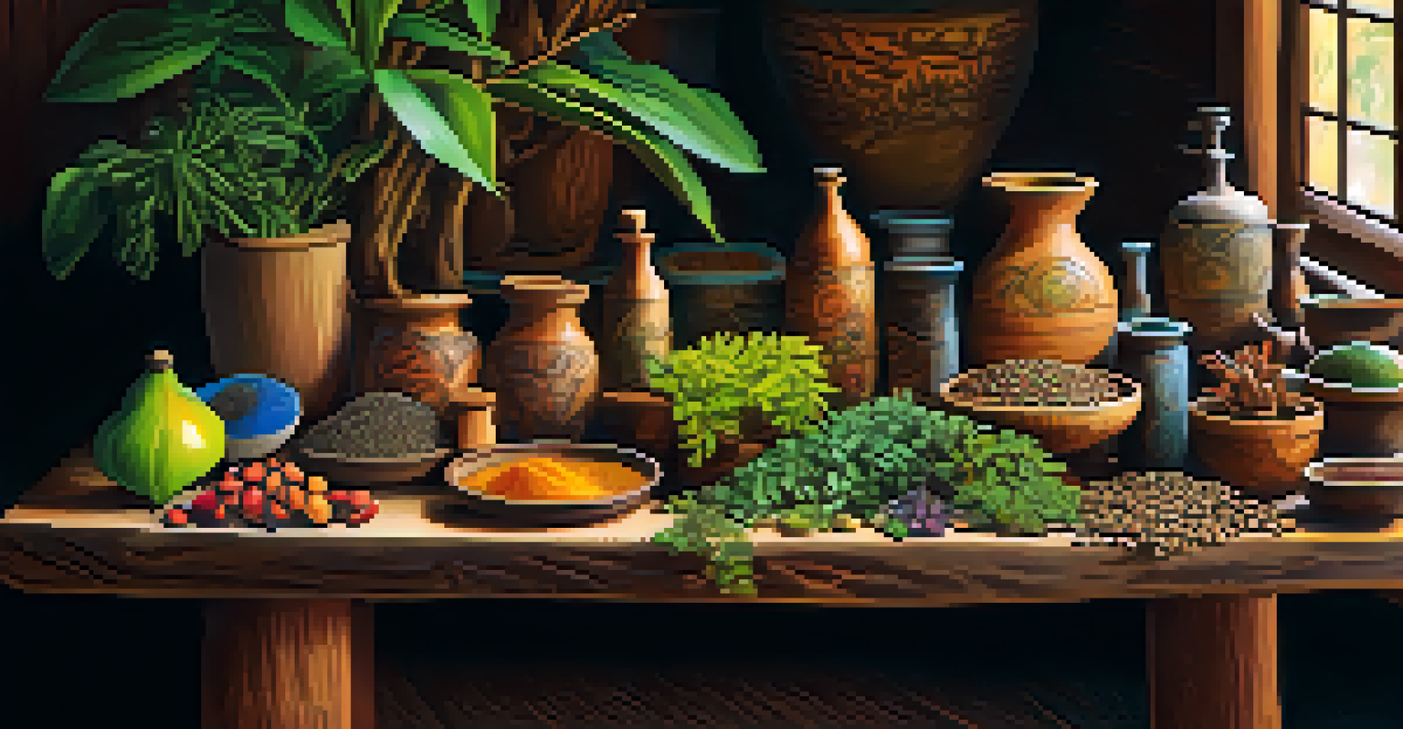 A display of Ayahuasca ingredients on a wooden table, highlighting the vine and plants in a warm and rustic setting.