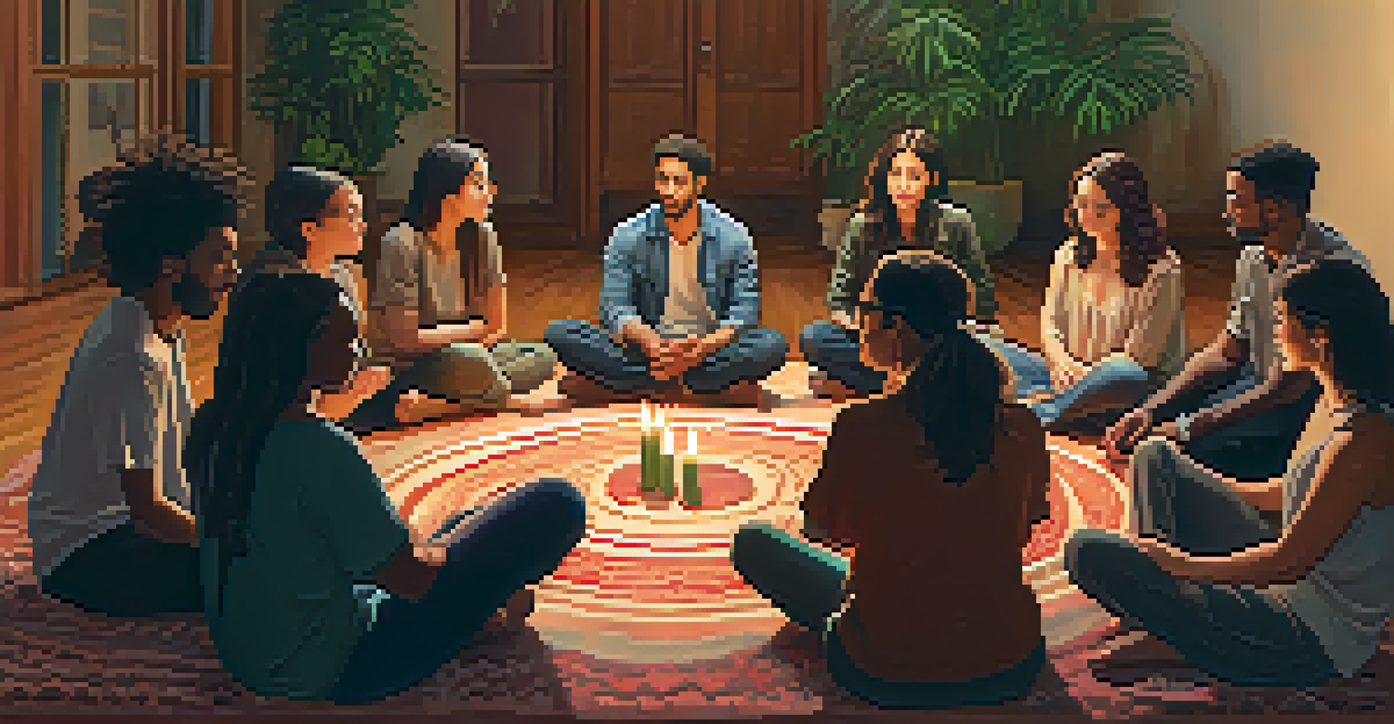 A supportive group discussion among diverse individuals, sitting in a circle with warm candlelight and plants around.