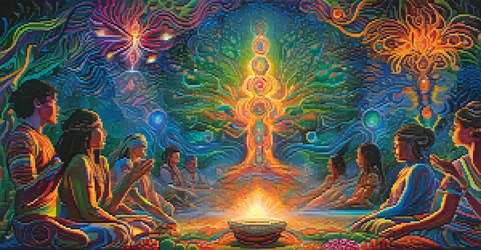An abstract representation of the ayahuasca experience, with vibrant colors and swirling patterns symbolizing visions and emotions during a ceremony.
