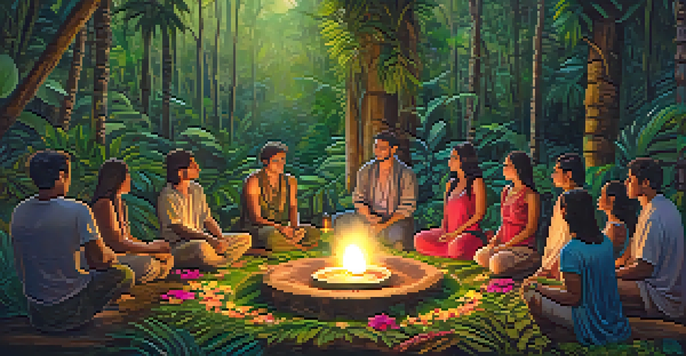 Participants in a circle during an Ayahuasca ceremony in a jungle, illuminated by candlelight.