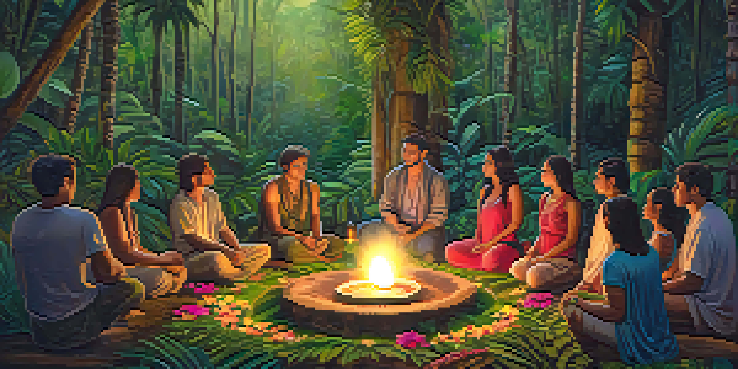 Participants in a circle during an Ayahuasca ceremony in a jungle, illuminated by candlelight.