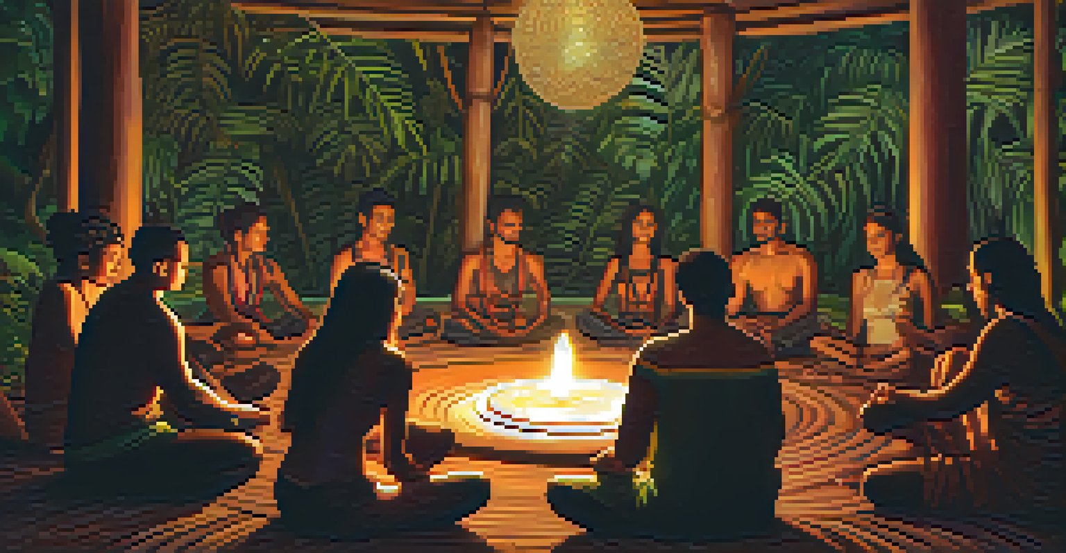 A diverse group of people in a circle during an Ayahuasca ceremony, illuminated by candlelight, reflecting a sense of community.