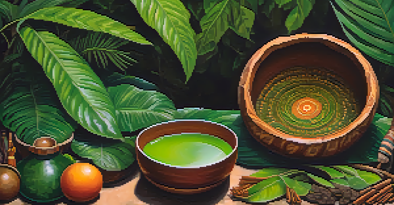 A close-up of Ayahuasca brew in a ceremonial bowl, with rich earthy tones and blurred green leaves in the background.