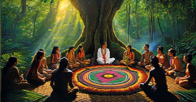 An Amazon rainforest setting depicting an ayahuasca ceremony led by a shaman, surrounded by participants and lush greenery, with soft sunlight creating a mystical atmosphere.