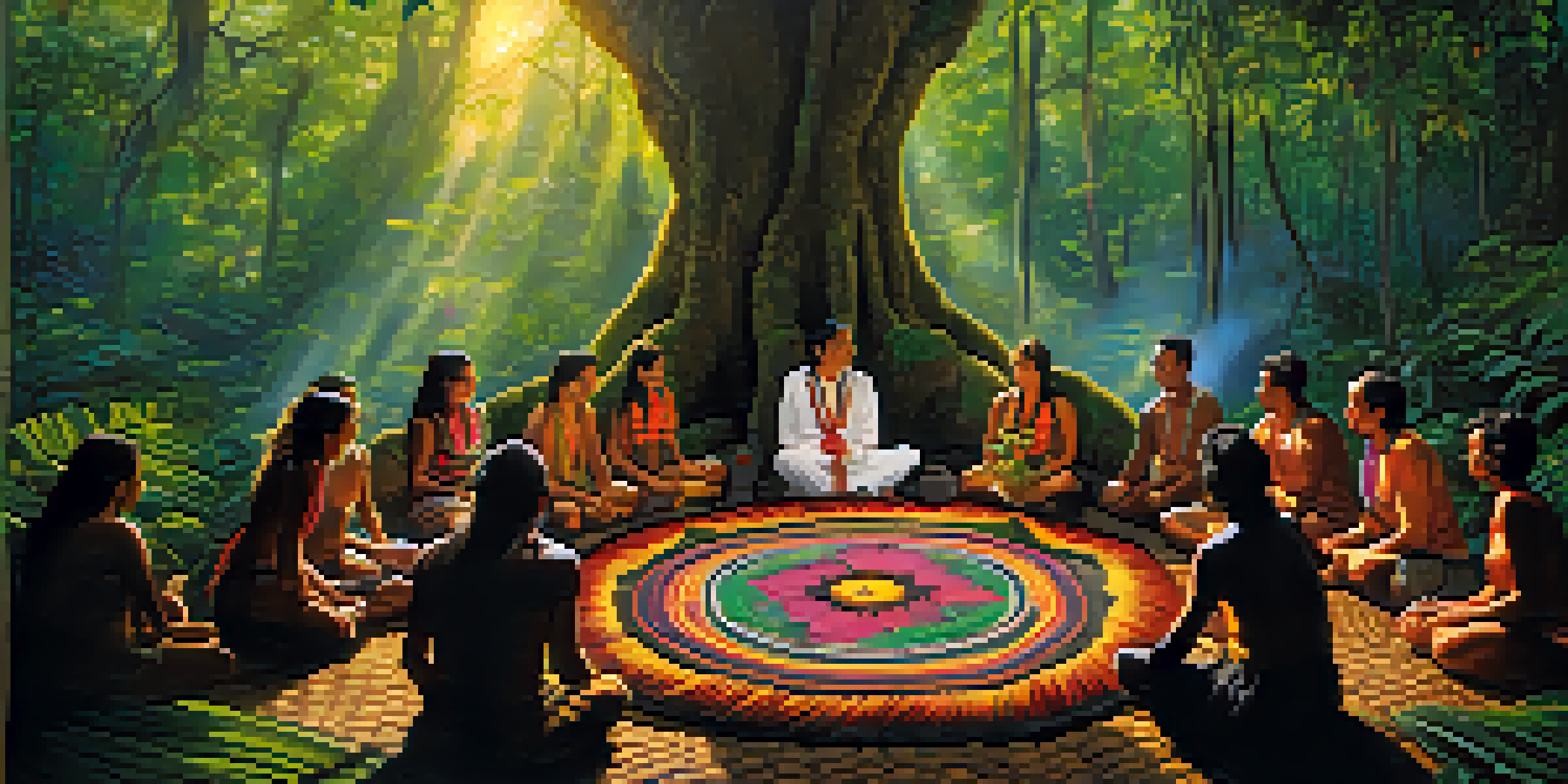 An Amazon rainforest setting depicting an ayahuasca ceremony led by a shaman, surrounded by participants and lush greenery, with soft sunlight creating a mystical atmosphere.