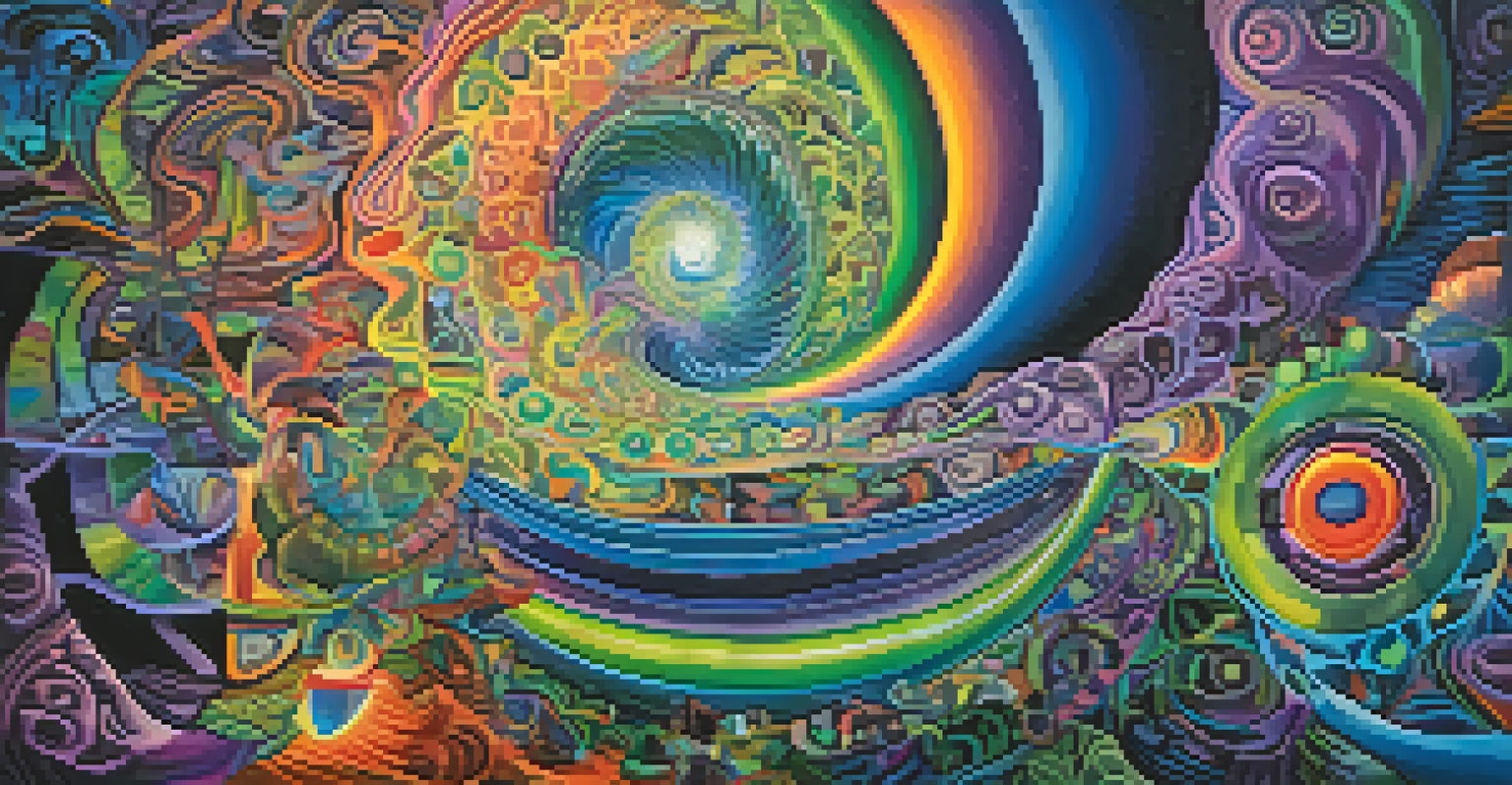 An abstract image illustrating the psychological journey of ayahuasca, showcasing swirling colors and shapes symbolizing emotions, insights, and interconnectedness.
