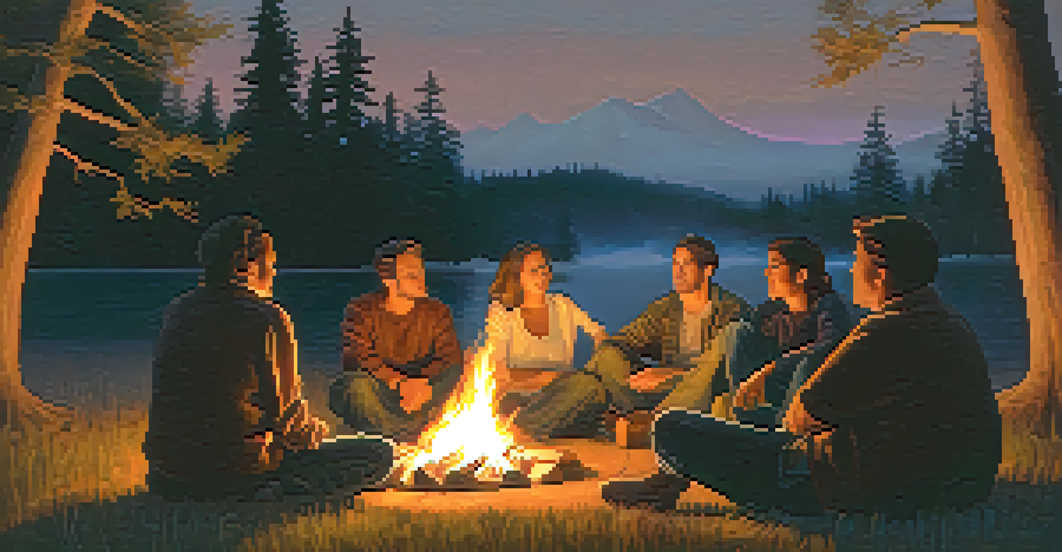 A group of people sitting around a campfire at dusk, sharing stories and connecting with each other.