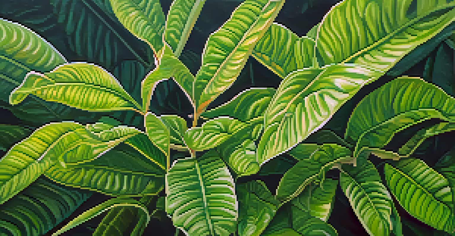 A close-up of the Banisteriopsis caapi vine and Psychotria viridis leaf, highlighting their textures and colors in the Amazon rainforest.