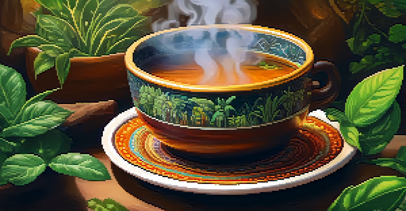 A close-up of a steaming ayahuasca brew in a ceramic cup, with blurred greenery and colorful flowers in the background, highlighting its natural ingredients.