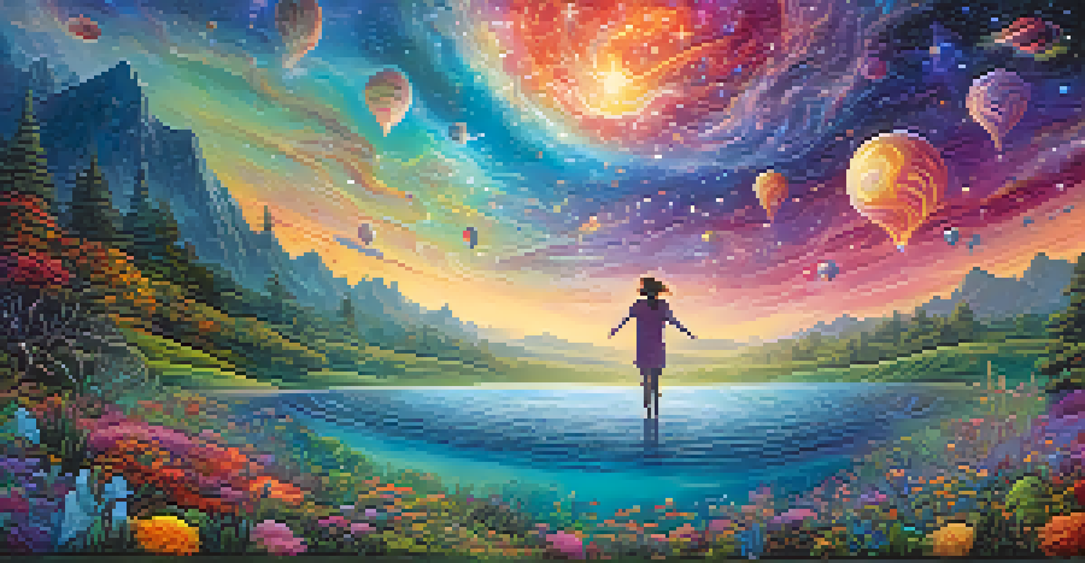 A vibrant dreamscape with a person floating among colorful landscapes, galaxies, and stars, representing the joy of lucid dreaming.
