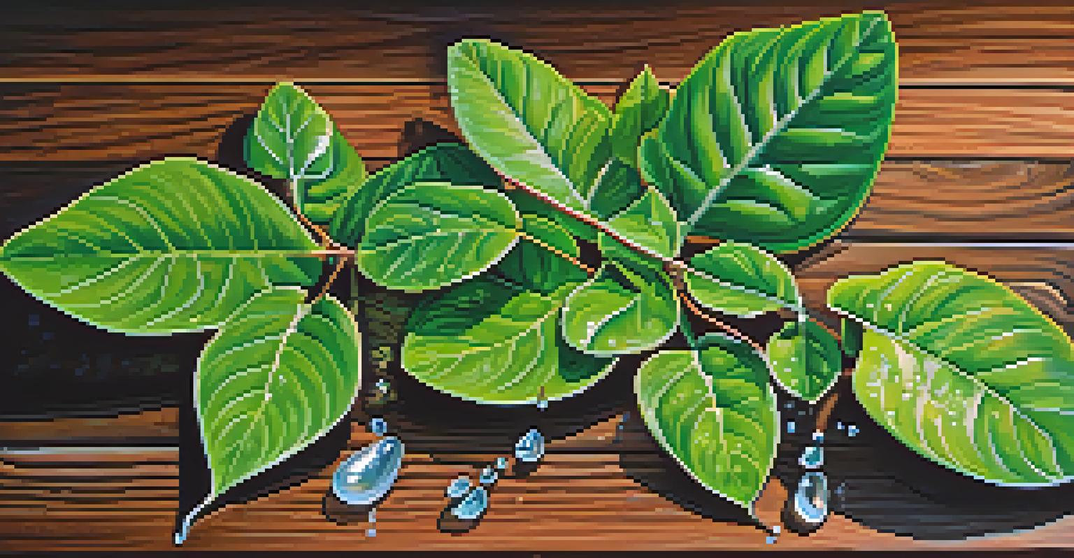 A close-up view of Ayahuasca leaves and vine on a wooden surface with water droplets, highlighting their textures.