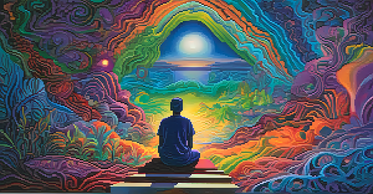 An abstract visualization of an Ayahuasca experience, with vibrant colors and a silhouette of a person in deep thought.