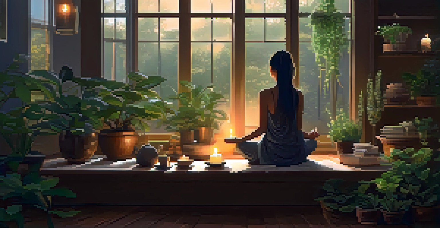 A person meditating in a cozy indoor setting with plants and soft lighting, a cup of herbal tea on a small table beside them.