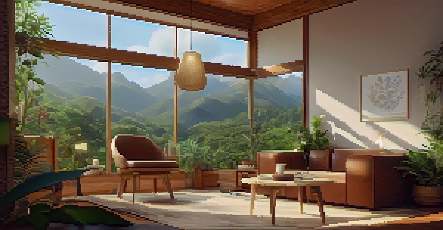 A calm therapy room for ayahuasca integration sessions with cozy seating and natural decor.