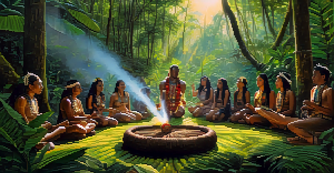 A traditional Ayahuasca ceremony in the Amazon rainforest, with a shaman and participants surrounded by lush greenery and soft sunlight.