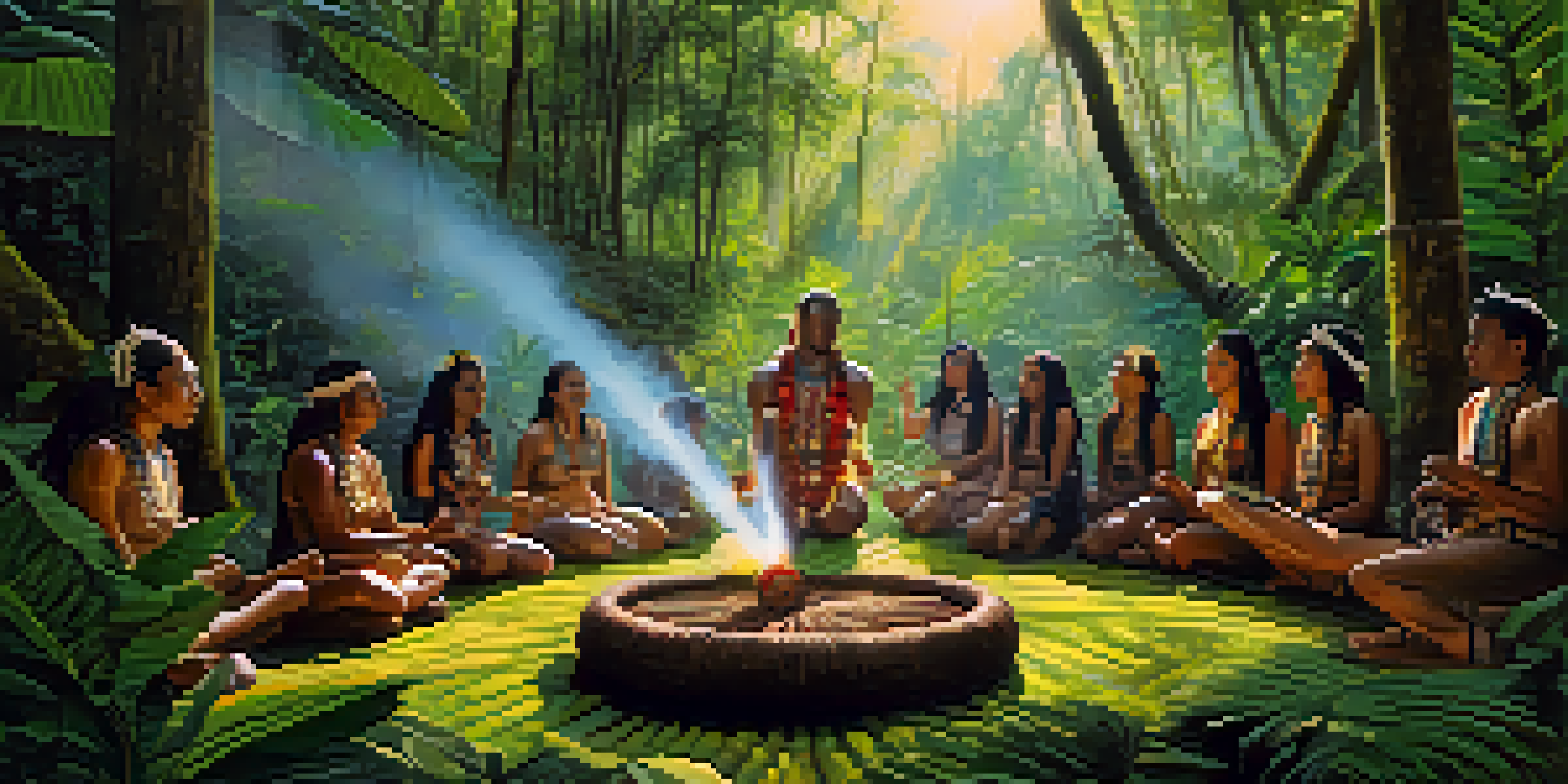 A traditional Ayahuasca ceremony in the Amazon rainforest, with a shaman and participants surrounded by lush greenery and soft sunlight.