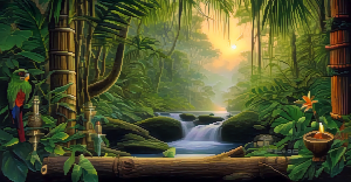 A peaceful scene in the Amazon rainforest with lush green foliage, a vine around a tree trunk, soft light filtering through leaves, and a traditional shamanic altar in the foreground.