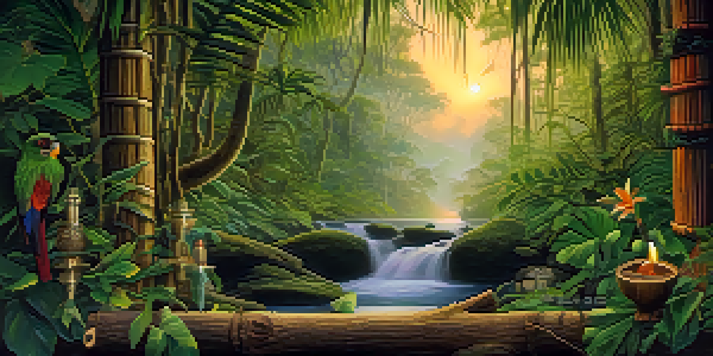 A peaceful scene in the Amazon rainforest with lush green foliage, a vine around a tree trunk, soft light filtering through leaves, and a traditional shamanic altar in the foreground.