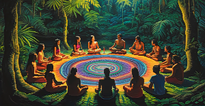 A group of diverse participants sit in a circle during an Ayahuasca ceremony in the Amazon rainforest, surrounded by lush greenery and illuminated by candlelight.
