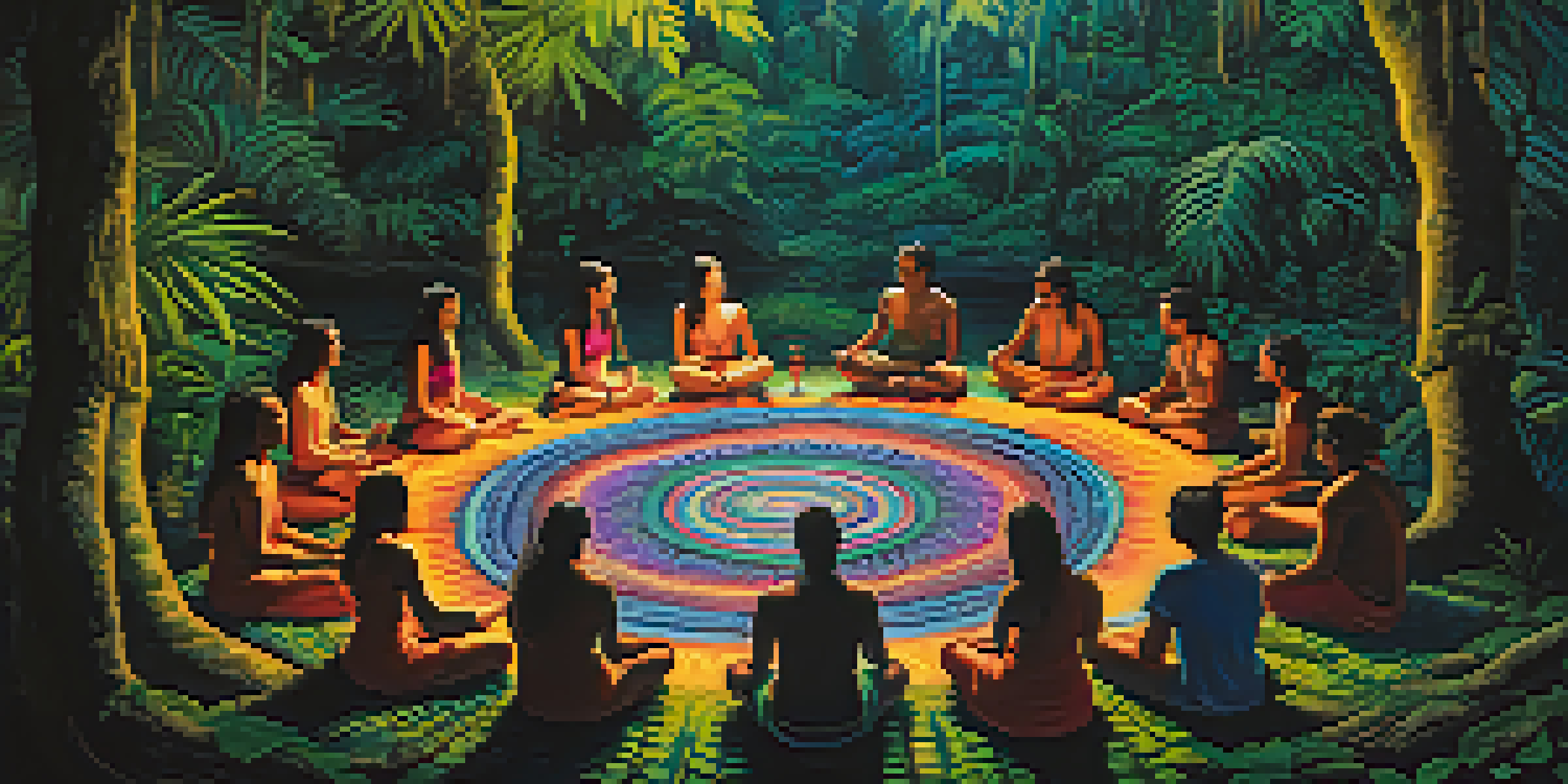 A group of diverse participants sit in a circle during an Ayahuasca ceremony in the Amazon rainforest, surrounded by lush greenery and illuminated by candlelight.
