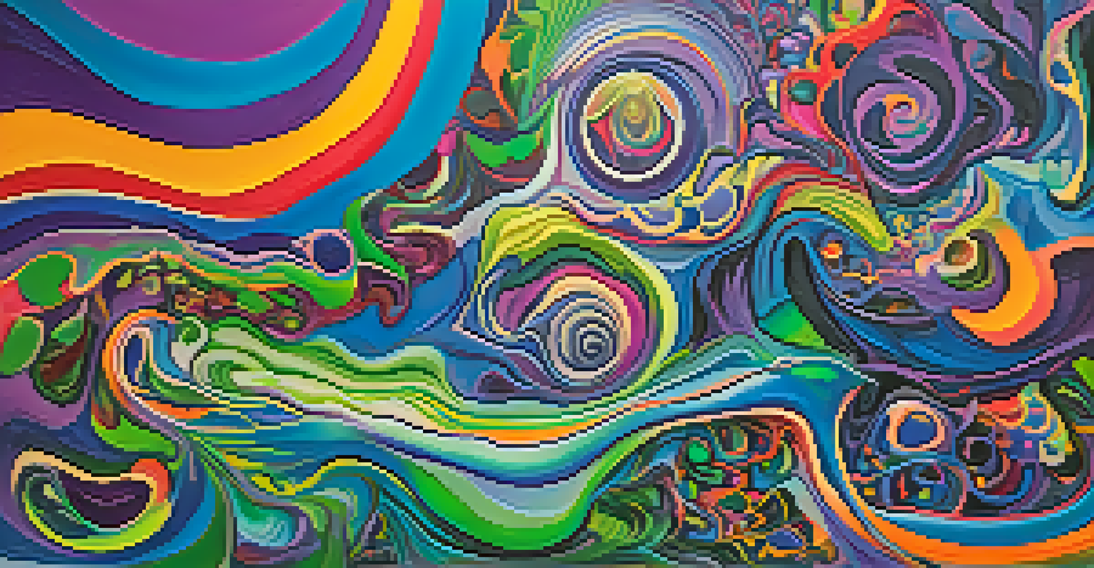 An abstract image illustrating emotional release during an ayahuasca experience, with vibrant colors and swirling shapes representing catharsis.