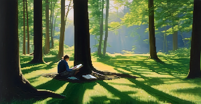 A person journaling in a tranquil forest setting, surrounded by greenery and soft sunlight.